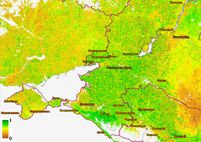 NDVI по Южному и Северо-Кавказскому федеральным округам на 17 неделю 2022 г. По данным сервиса ВЕГА-PRO