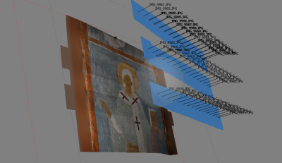3D-реконструкция из планарной панорамы стенной росписи на примере фрески Собора Рождества Богородицы Ферапонтова монастыря. Изображение из архива ИКИ РАН