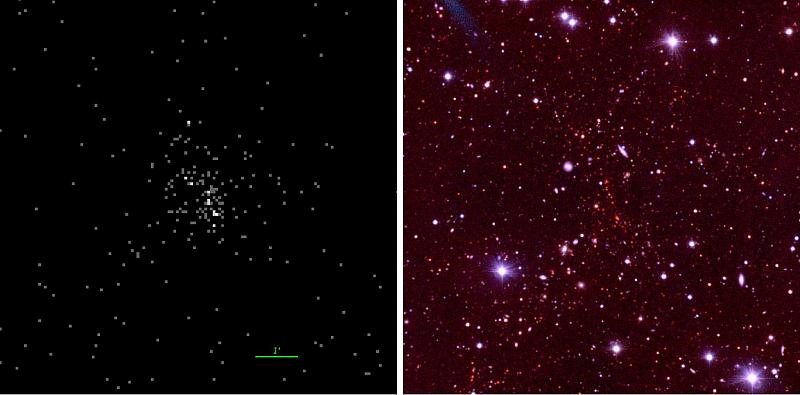 Изображения скопления галактик SRGe CL2305.2–2248, полученные с помощью телескопов СРГ/eROSITA (слева) и РТТ-150 (справа, цвета искусственные). Изображение из статьи R. Burenin at al., 2021