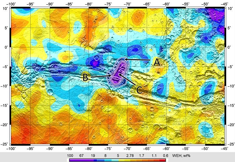 Карта массовой доли воды на дне Долины Маринера по данным ФРЕНД/TGO/ExoMars. Изображение © I. Mitrofanov et al. 2021