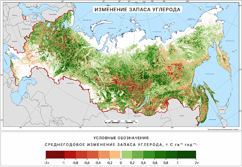 Среднегодовое изменение запаса углерода в лесах России, 2001–2021 гг.