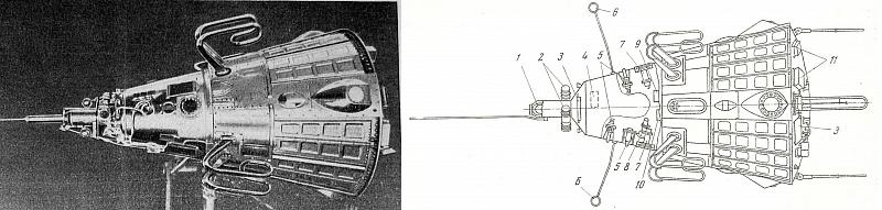 Внешний вид ИСЗ-3. Схема размещения научной аппаратуры. 1 – магнитометр; 2 – фотоумножители для регистрации корпускулярных потоков; 3 – солнечные батареи; 4 – прибор для регистрации фотонов в космических лучах; 5 – магнитный и ионизационный манометры; 6 – ионные ловушки; 7 – электростатические флюксметры; 8 – масс-спектрометрическая трубка; 9, 10 – приборы для измерения интенсивности космического излучения; 11 – датчик для регистрации микрометеоритов.
