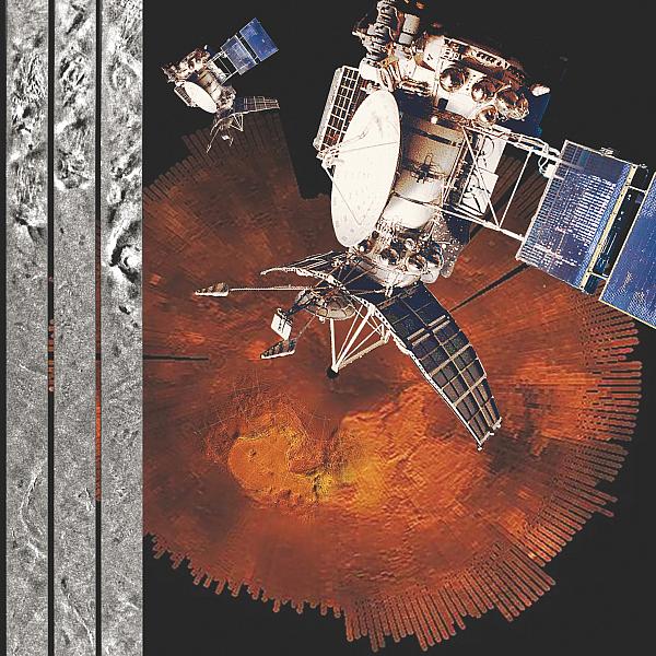 АМС «Венера-15 и -16» на фоне изображения полярной области Венеры, синтезированной из плоских переданных изображений